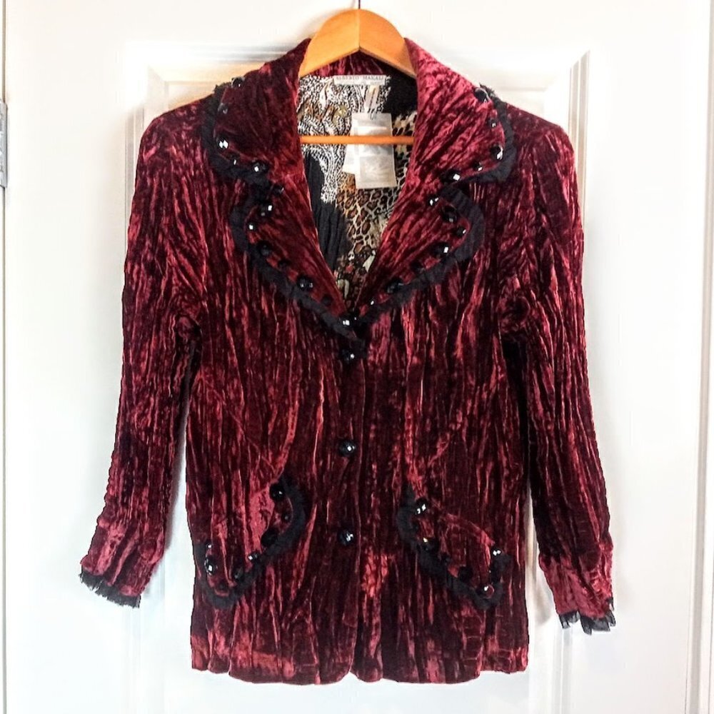 Alberto Makali Burgundy Red Crushed Velvet Embellished Blazer NWT